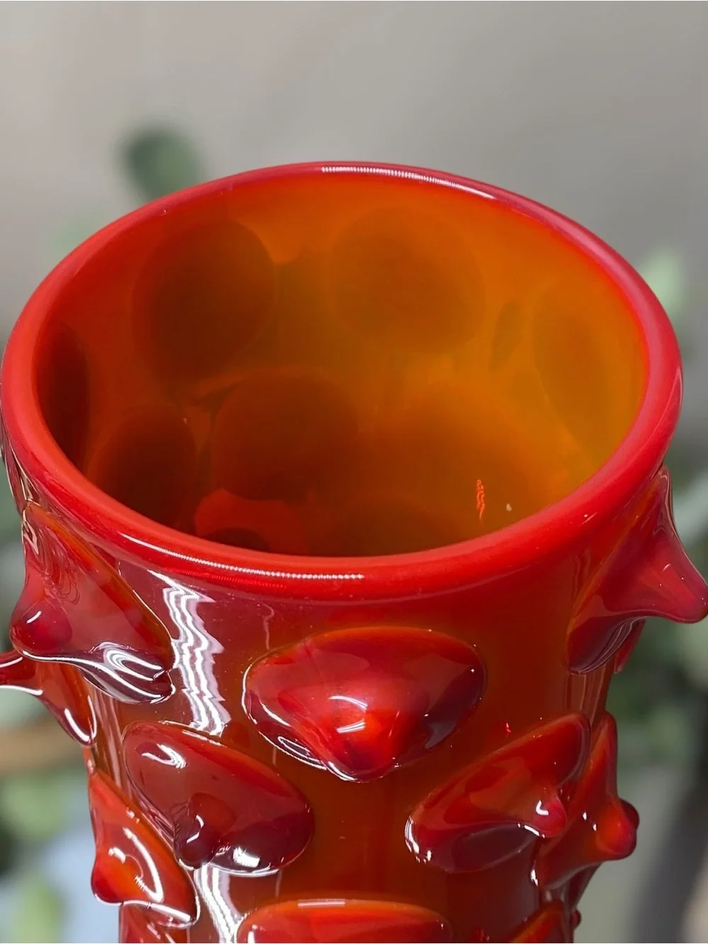 Vintage Large Applied Art Glass Vase Chunky 10 5/8” Tall Red Amberina Hand Blown